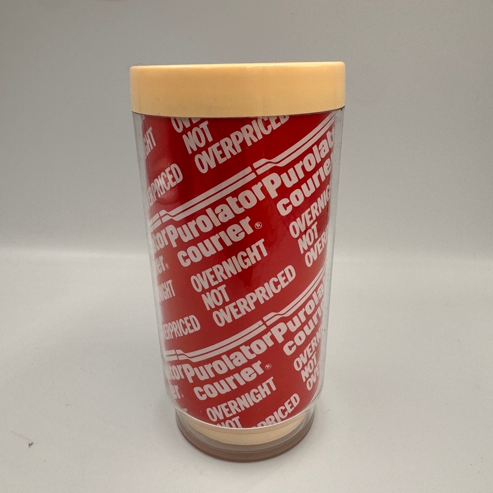 Vintage Purolator Courier Travel Tumbler Overnight Not Overpriced Red White Cup